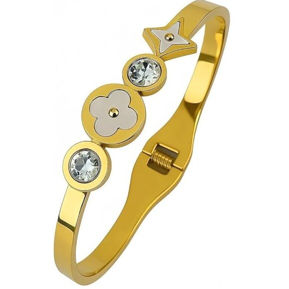 Gold Plated Stainless Steel Flower and Star Bangle Bracelet - Picture 3 of 5